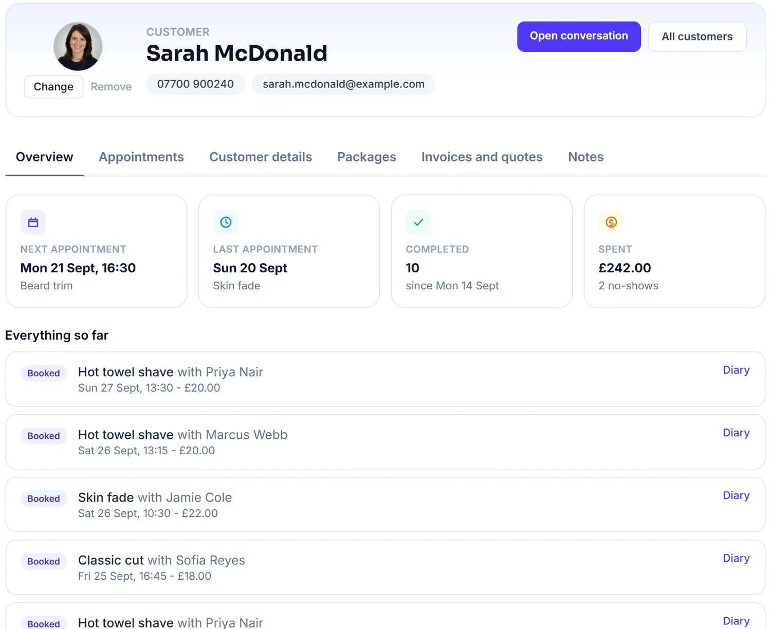 A customer's profile: her photo, phone and email, next and last appointment, ten completed visits and what she has spent, with her booking history underneath