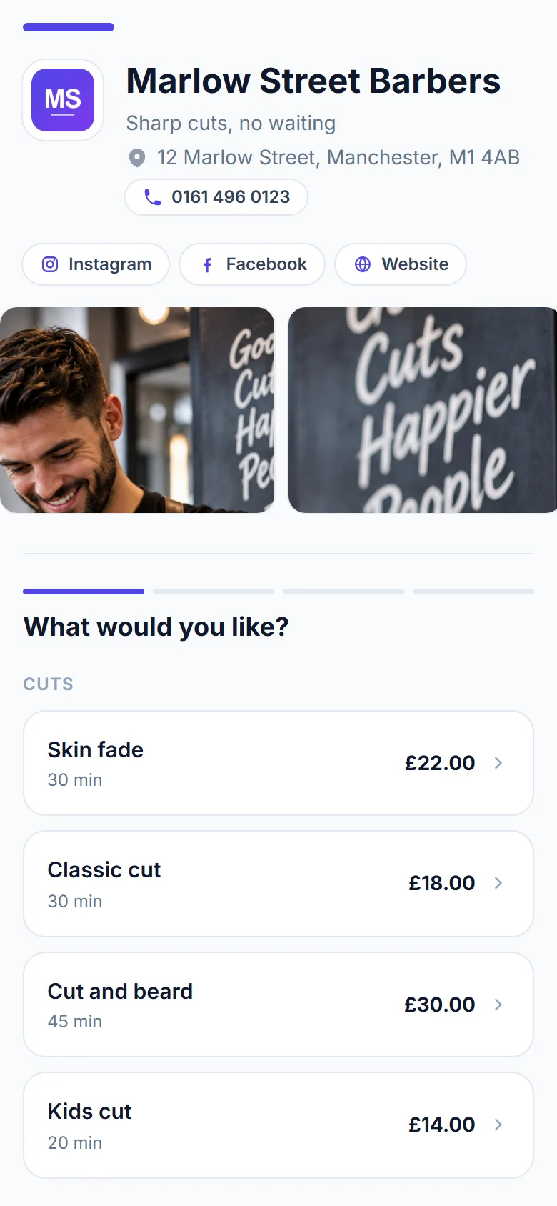 The same booking page on Pro: Instagram, Facebook and website buttons under the shop's name, and photos of the shop above the services