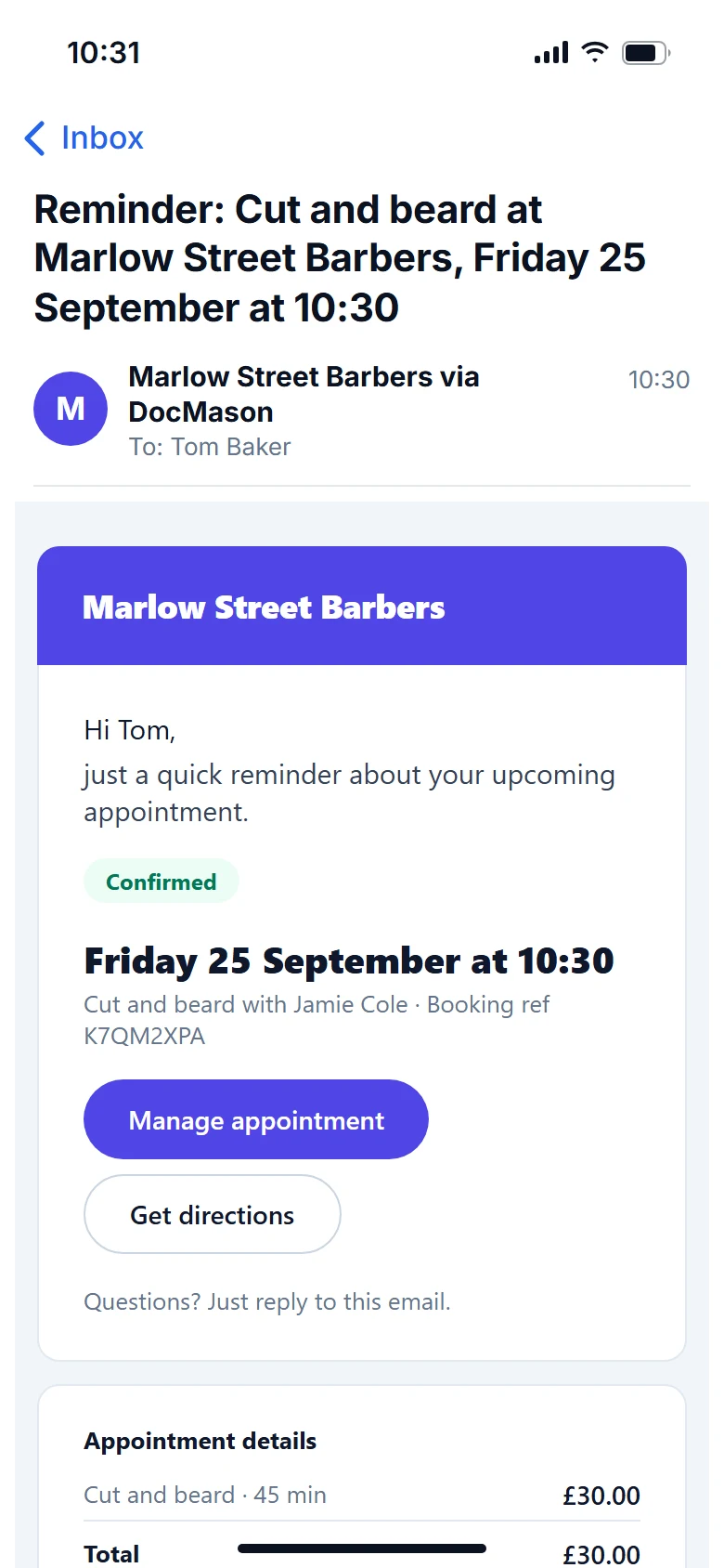 The reminder email open on a phone, with the time, the barber, Manage appointment and Get directions