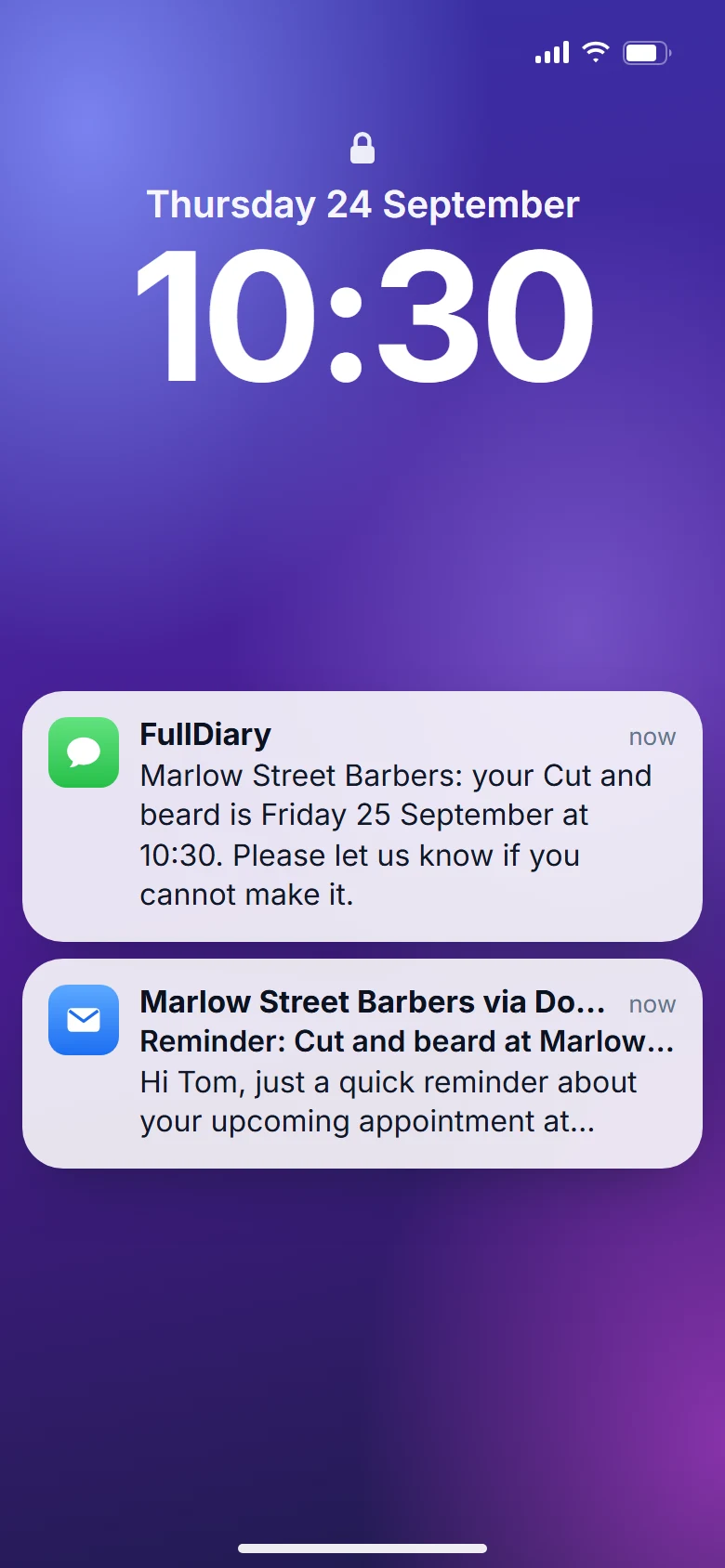 A phone's lock screen the day before: a text reminder from FullDiary and the reminder email from Marlow Street Barbers