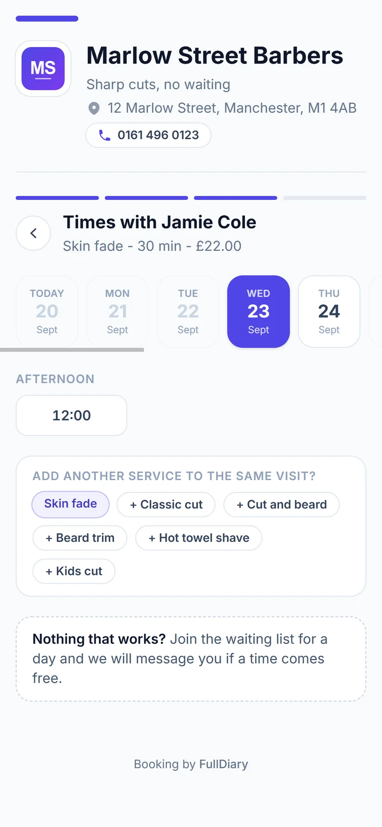 A barbershop's booking page on a phone: the day picker and the free times with Jamie, with the option to add a second service to the visit